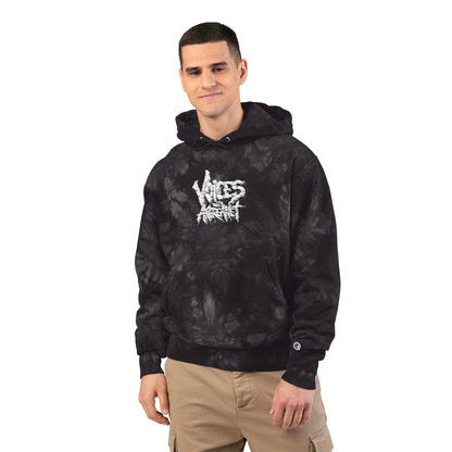 Man wearing a black tie-dye hoodie with 'Voices with Andreanet' Logo on a white background